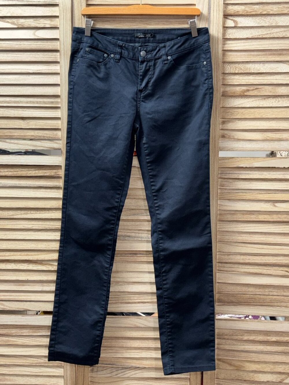 prAna Kayla Mid-Rise Stretch Fitted Jeans Coated Dark Blue Shiny Size 4/27